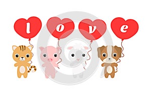 Group of cute animals. Cartoon dog, cat, sheep, pig stand and hold balloons in their hands. Happy Valentine day. Set of characters