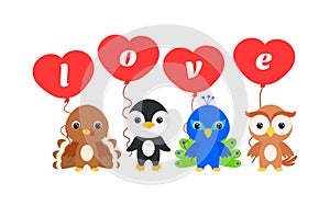 Group of cute animals. Cartoon turkey, penguin, peacock, owl stand and hold balloons in their hands. Happy Valentine day. Set of