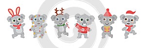 Group of cute Australian koalas wombats with big eyes in a deer costume with a lollipop, in a red sweater with a gift a