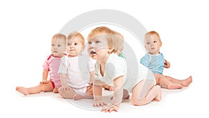 Group of cute babies crawling on floor. Isolated on white.