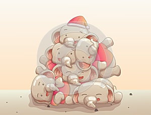 Group of cute baby elephants happy waiting christmas day. vector hand drawn cartoon art style