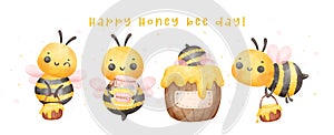 Group of cute baby honey bees watercolor banner cartoon character hand painting illustration vector. Happy Honey bee day