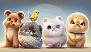 Group of cute cartoon dogs and cats. 3d render illustration