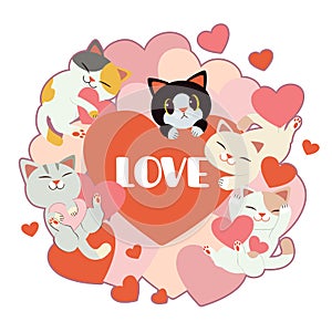 The group of cute cat and friends with a lot of heart on the white background. The character of cute cat and friends hugging a hea