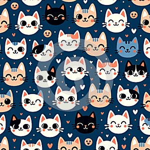 a group of cute cats in different colors on blue background