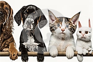 Cute dogs and cats together hanging paws over white horizontal website banner or social media header