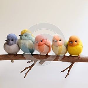 Group of cute felted bird figurines sitting on a branch.