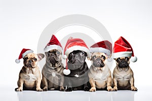 Group of cute french bulldog wearing christmas santa claus hats sitting on grey background, A group of dogs, adorned with