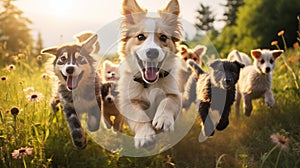 A group of cute, funny dogs and cats joyfully jumping and running together in a field, , AI generated