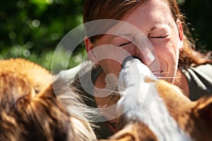 A group of cute funny dogs are licking the face of a beautiful y