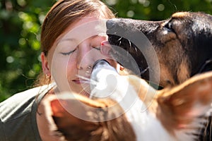 A group of cute funny dogs are licking the face of a beautiful young woman