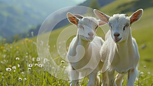 Group Cute Goats Gamboling in Green Pastures . Generative Ai photo