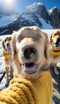a group of cute golden retriever dogs taking selfie together generative AI