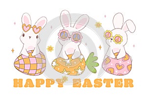 Group of Cute Happy Groovy Easter bunny with disco retro eggs. Playful cartoon banner doodle animal character hand drawing