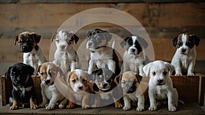 a group of cute and happy puppies as they sit together atop a wooden box, presented in a charming front view.