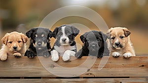 a group of cute and happy puppies as they sit together atop a wooden box, presented in a charming front view.