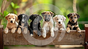 a group of cute and happy puppies as they sit together atop a wooden box, presented in a charming front view.