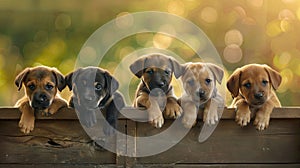 a group of cute and happy puppies as they sit together atop a wooden box, presented in a charming front view.