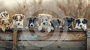 a group of cute and happy puppies as they sit together atop a wooden box, presented in a charming front view.