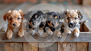 a group of cute and happy puppies as they sit together atop a wooden box, presented in a charming front view.