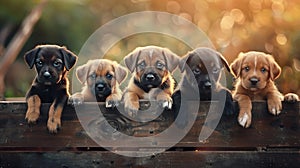 a group of cute and happy puppies as they sit together atop a wooden box, presented in a charming front view.