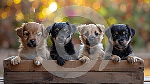 a group of cute and happy puppies as they sit together atop a wooden box, presented in a charming front view.