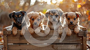 a group of cute and happy puppies as they sit together atop a wooden box, presented in a charming front view.