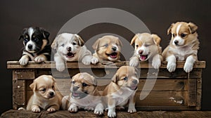 a group of cute and happy puppies as they sit together atop a wooden box, presented in a charming front view.