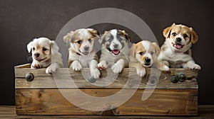 a group of cute and happy puppies as they sit together atop a wooden box, presented in a charming front view.