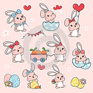 Group of cute happy white baby bunny rabbit with carrot and Easter egg sticker collection set, cartoon drawing outline vector