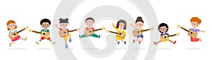 Group of cute kid jumping playing guitar, happy children playing the guitar. Musical performance. isolated vector Illustration