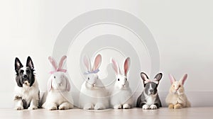 Group of cute little dogs with bunny ears on table indoors. Easter celebration. Banner.
