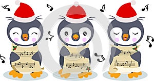 Group of cute penguins chorus singing Christmas songs