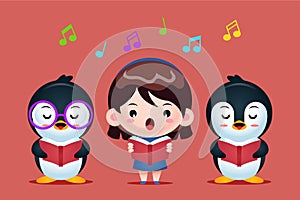 Group Of Cute Penguins And Girl Singing In A Choir Illustration