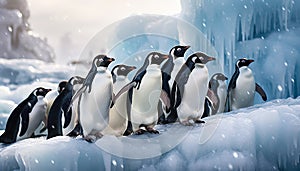 Group of cute penguins waddling on icy Antarctic coastline generated by AI