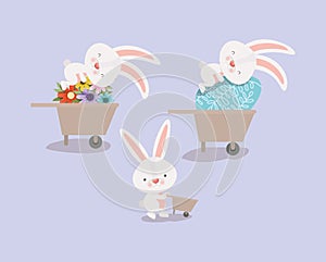 Group of cute rabbits with wheelbarrows and flowers