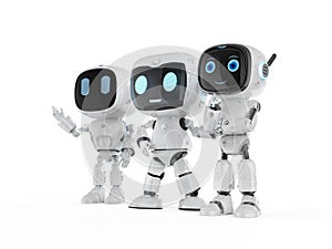 Group of cute and small artificial intelligence personal assistant robots