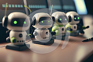 Group of cute small robots on a desk in the office. Generative AI photo