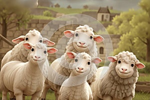 Group of cute smiling happy sheep in a 3D cartoon animation style, with a charming and friendly showing happiness and adorableness