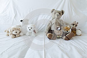 Group of cute stuffed animals on a white couch