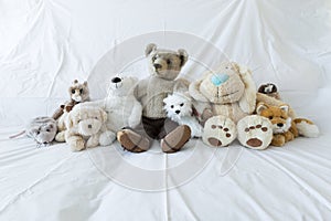 Group of cute stuffed animals on a white couch