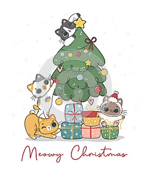 Group of cute variety of kitten cat breeds decorating a Christmas pine tree, merry catmas, cartoon animal character hand drawing