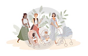 Group of cute women with babies in prams and strollers. Moms walking with their infant children. Community of young photo