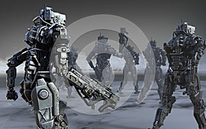 A group cyborgs mission with clipping path. Invasion of military robots warfare.