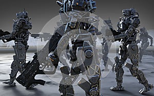 A group cyborgs mission with clipping path. Invasion of military robots warfare.