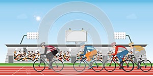 Group of cyclists man in road bicycle racing on athletic track
