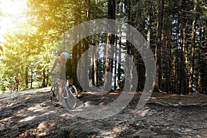 Group of cyclists riding bikes down forest