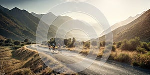 Group of cyclists on a road in the mountains at sunset in summer