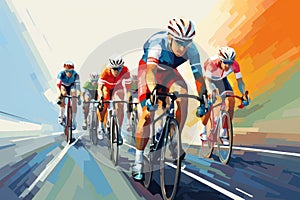 Group of cyclists on a road race. Colorful background. Vector illustration, Color drawing of a cyclists\' team riding o