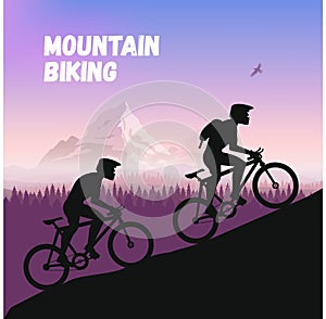 The Group of cyclists in rough road. Bicycle racing go to the mountain. Vector flat design. bicyclist silhouette.